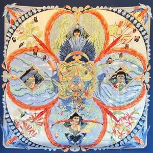 Rare Hermes Amazonia silk 90' scarf Blue with large Jaguar worn once